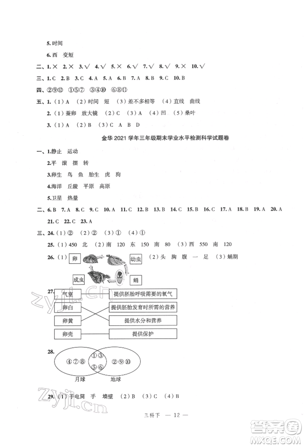 浙江工商大學(xué)出版社2022名師面對面先學(xué)后練三年級科學(xué)下冊教科版參考答案