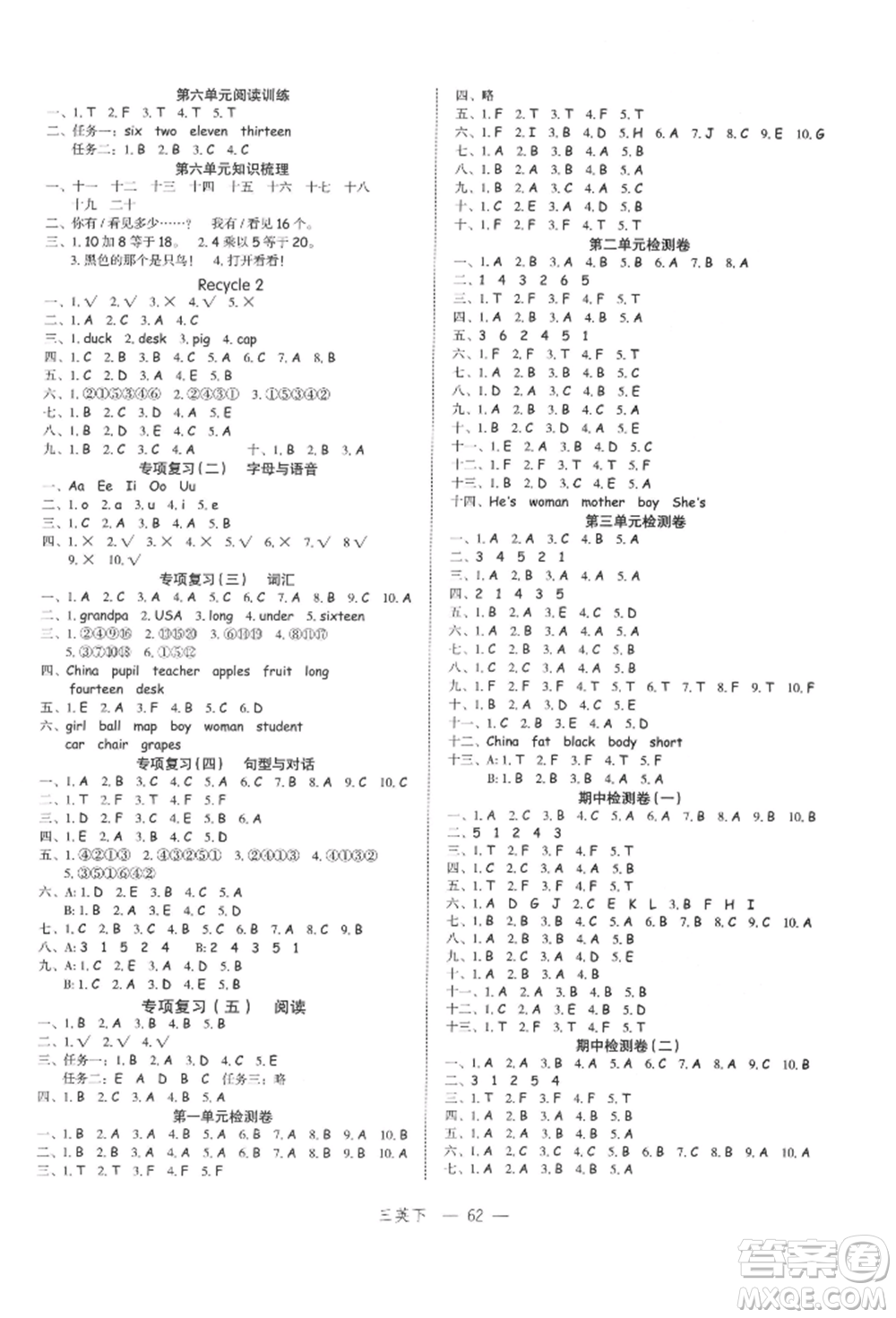 浙江工商大學(xué)出版社2022名師面對(duì)面先學(xué)后練三年級(jí)英語(yǔ)下冊(cè)人教版參考答案