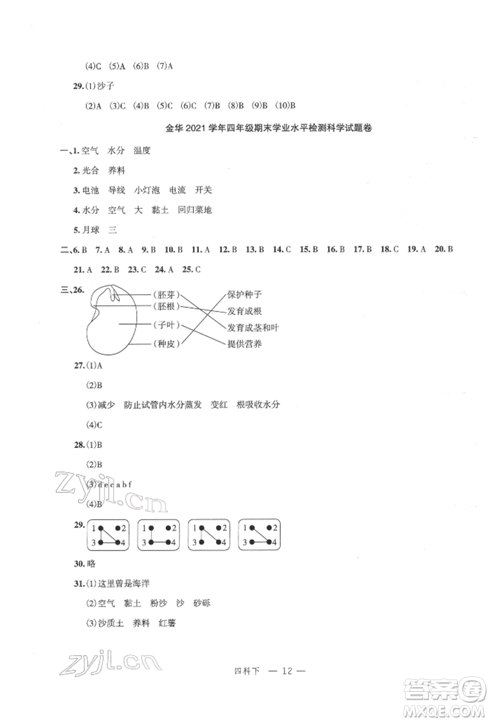 浙江工商大學(xué)出版社2022名師面對(duì)面先學(xué)后練四年級(jí)科學(xué)下冊(cè)教科版參考答案