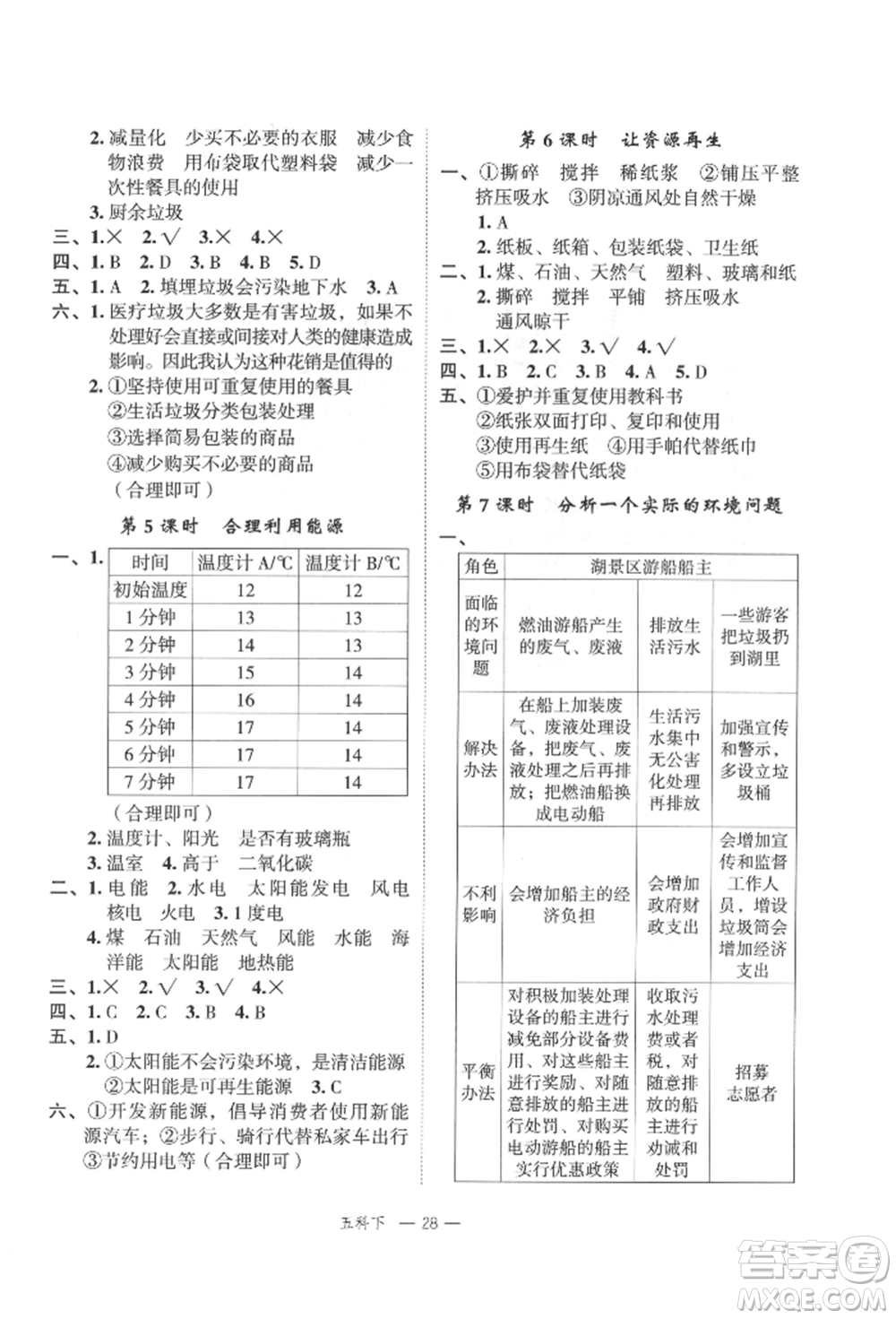 浙江工商大學出版社2022名師面對面先學后練五年級科學下冊教科版參考答案