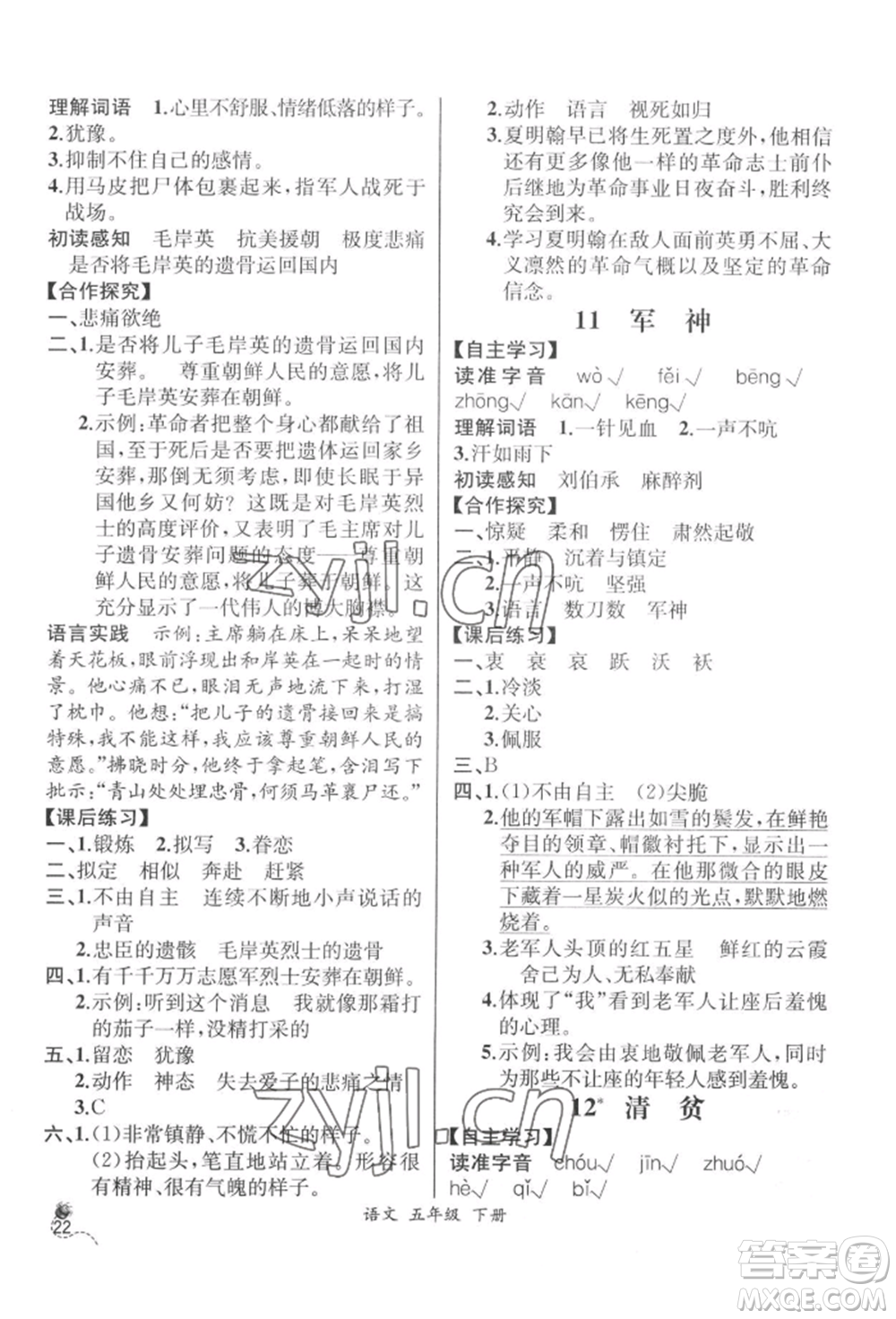 云南科技出版社2022同步解析與測評五年級下冊語文人教版云南專版參考答案