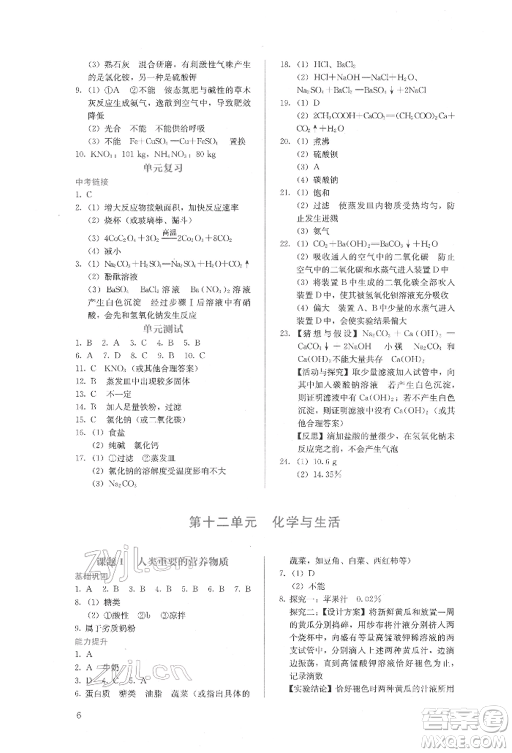 人民教育出版社2022同步解析與測(cè)評(píng)九年級(jí)下冊(cè)化學(xué)人教版山西專(zhuān)版參考答案