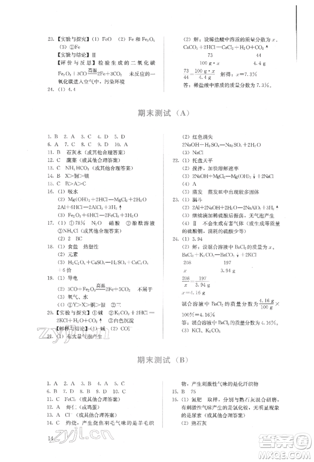 人民教育出版社2022同步解析與測(cè)評(píng)九年級(jí)下冊(cè)化學(xué)人教版山西專(zhuān)版參考答案