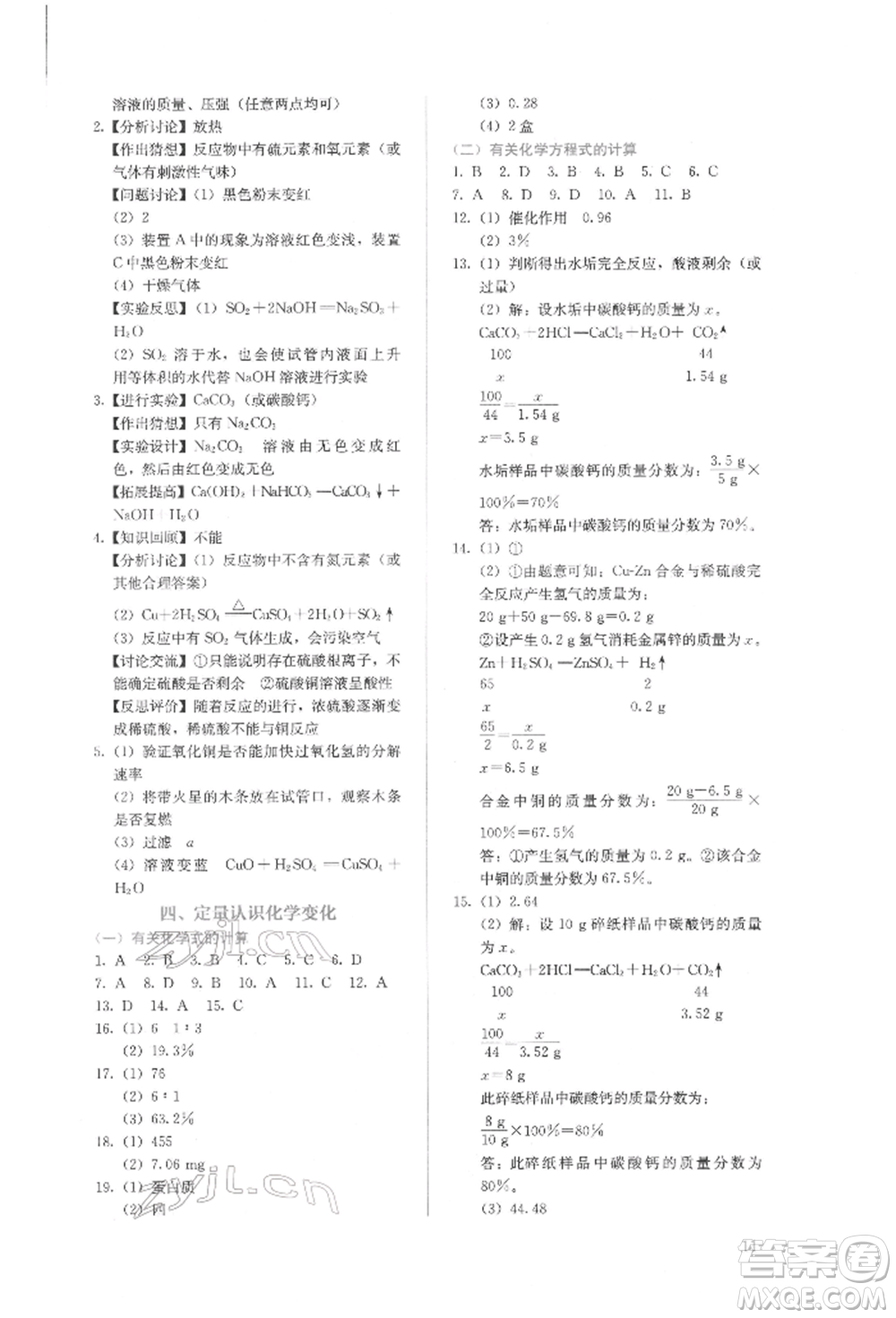 人民教育出版社2022同步解析與測(cè)評(píng)九年級(jí)下冊(cè)化學(xué)人教版山西專(zhuān)版參考答案