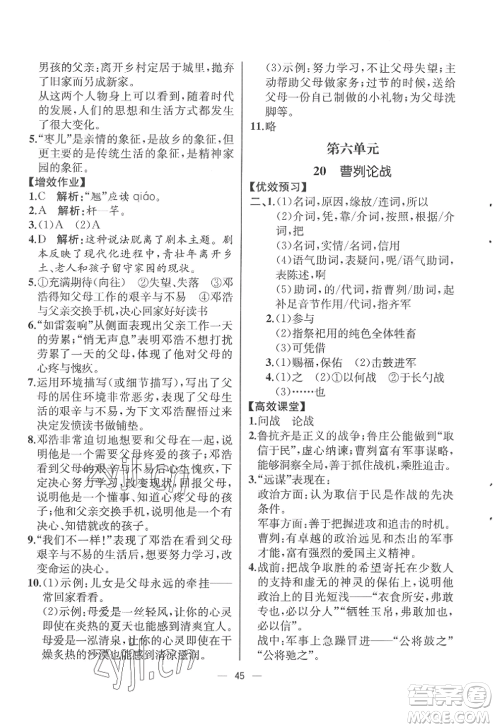 人民教育出版社2022同步解析與測評九年級下冊語文人教版云南專版參考答案