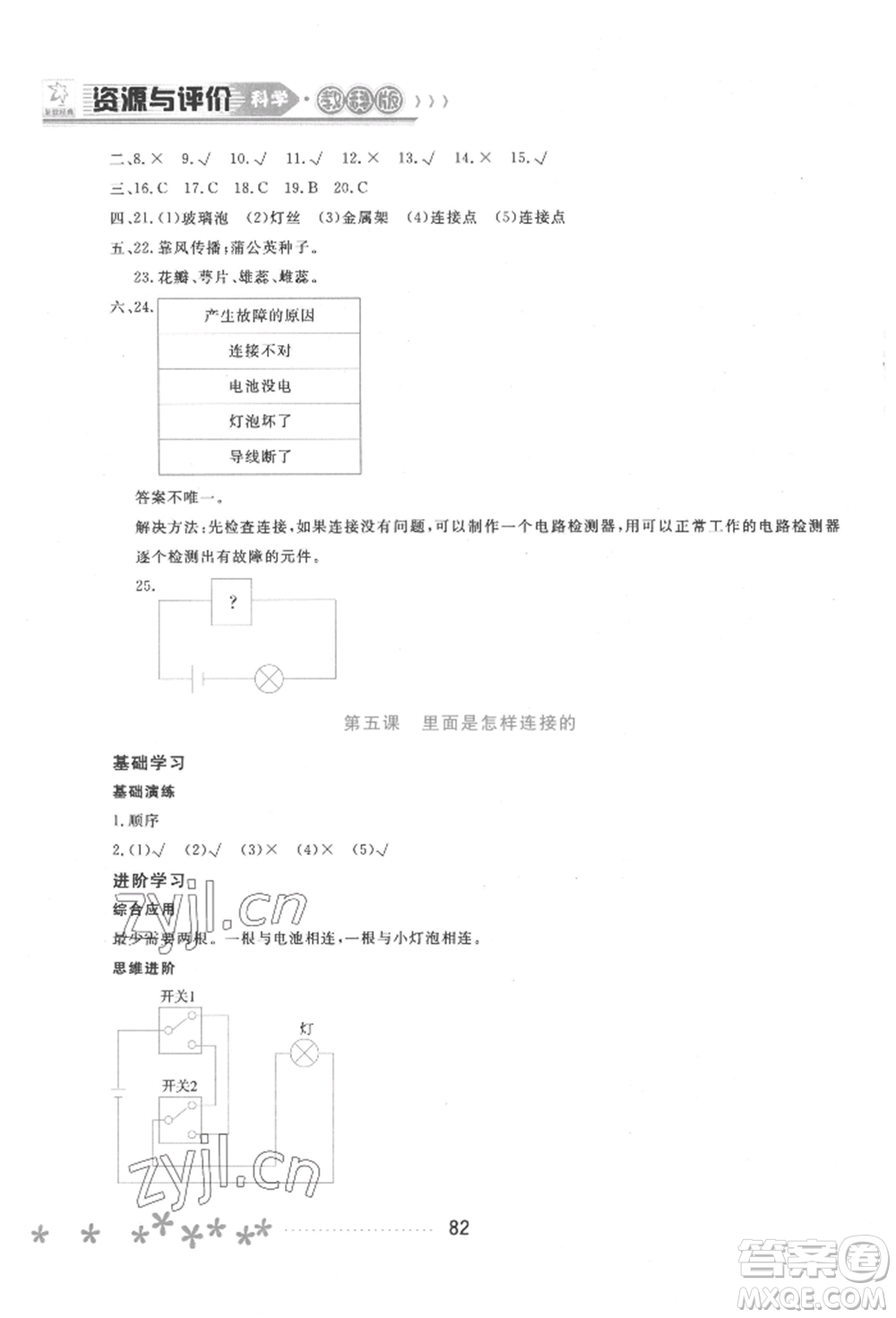 黑龍江教育出版社2022資源與評(píng)價(jià)四年級(jí)下冊(cè)科學(xué)教科版參考答案