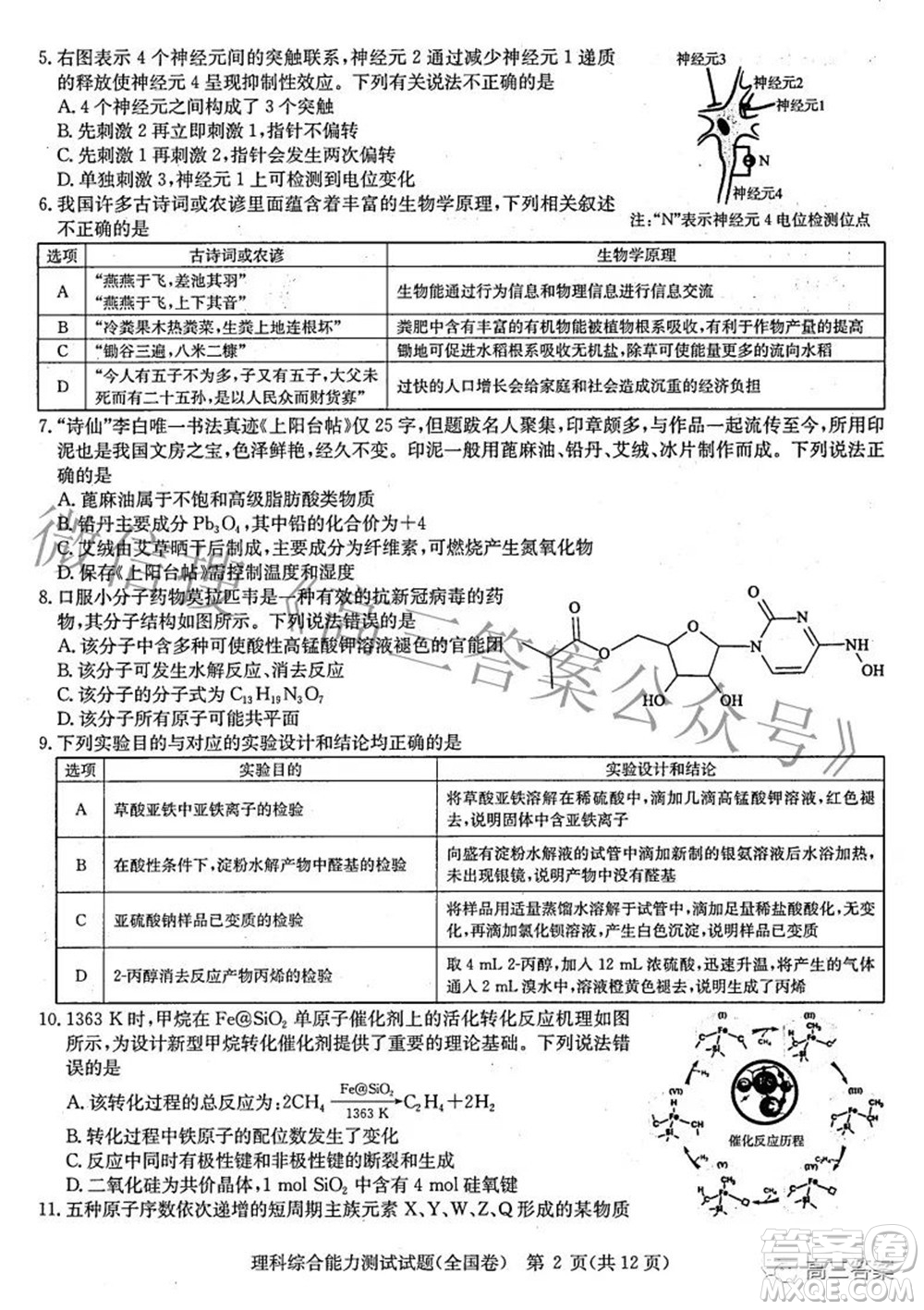 華大新高考聯(lián)盟2022屆高三3月教學質量測評全國卷理科綜合試題及答案