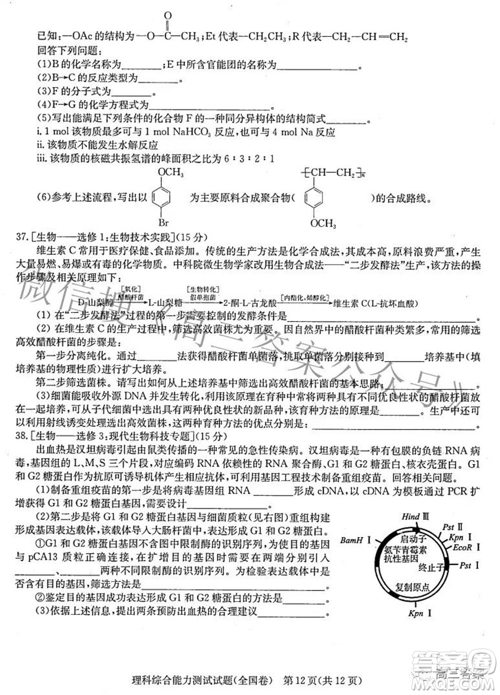 華大新高考聯(lián)盟2022屆高三3月教學質量測評全國卷理科綜合試題及答案