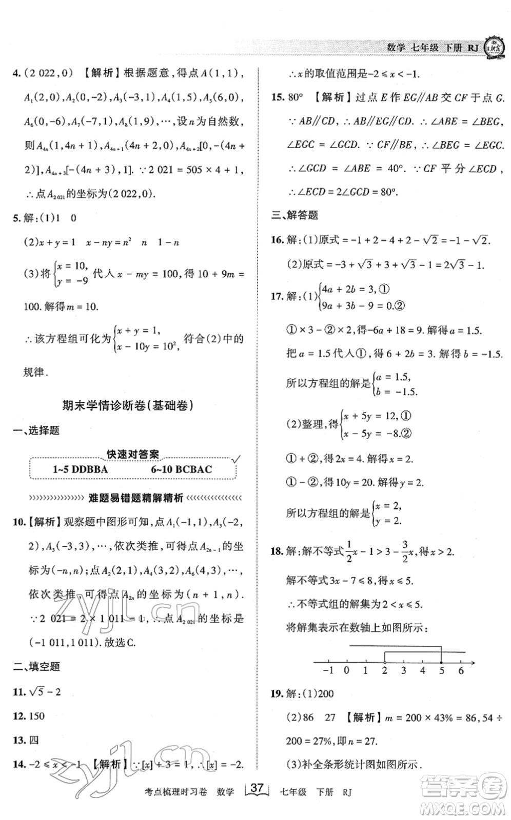 江西人民出版社2022王朝霞考點(diǎn)梳理時(shí)習(xí)卷七年級(jí)數(shù)學(xué)下冊(cè)RJ人教版答案