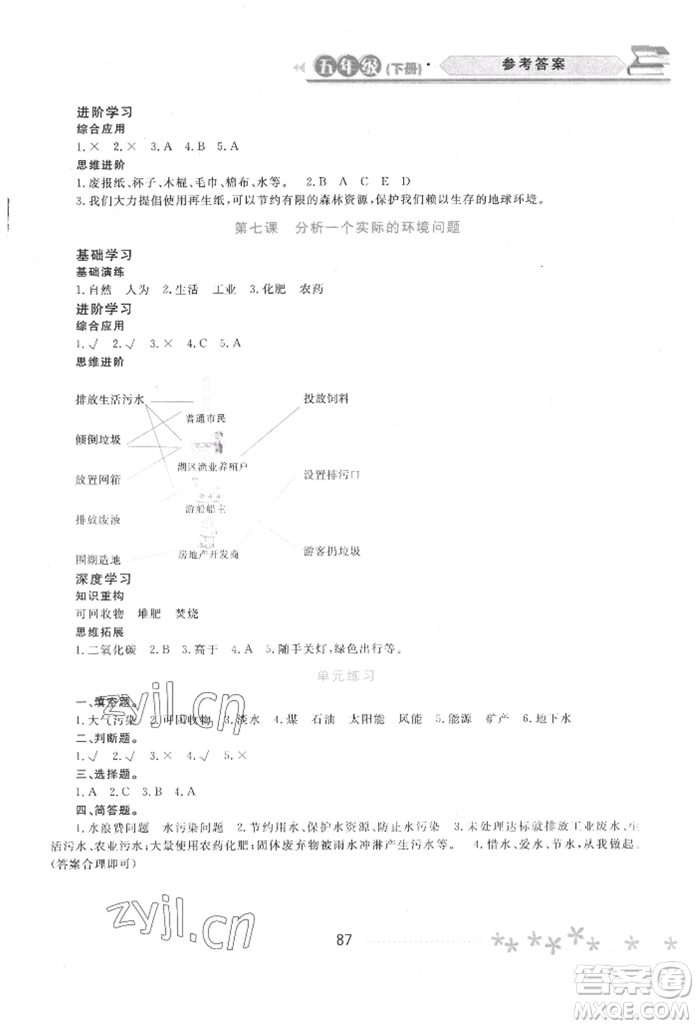 黑龍江教育出版社2022資源與評價五年級下冊科學教科版參考答案