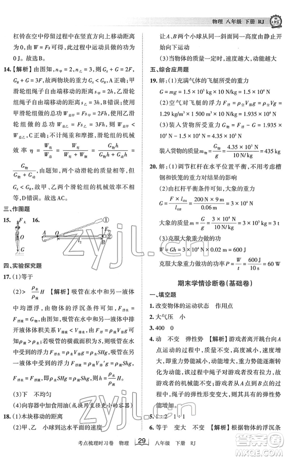 江西人民出版社2022王朝霞考點(diǎn)梳理時(shí)習(xí)卷八年級(jí)物理下冊(cè)RJ人教版答案