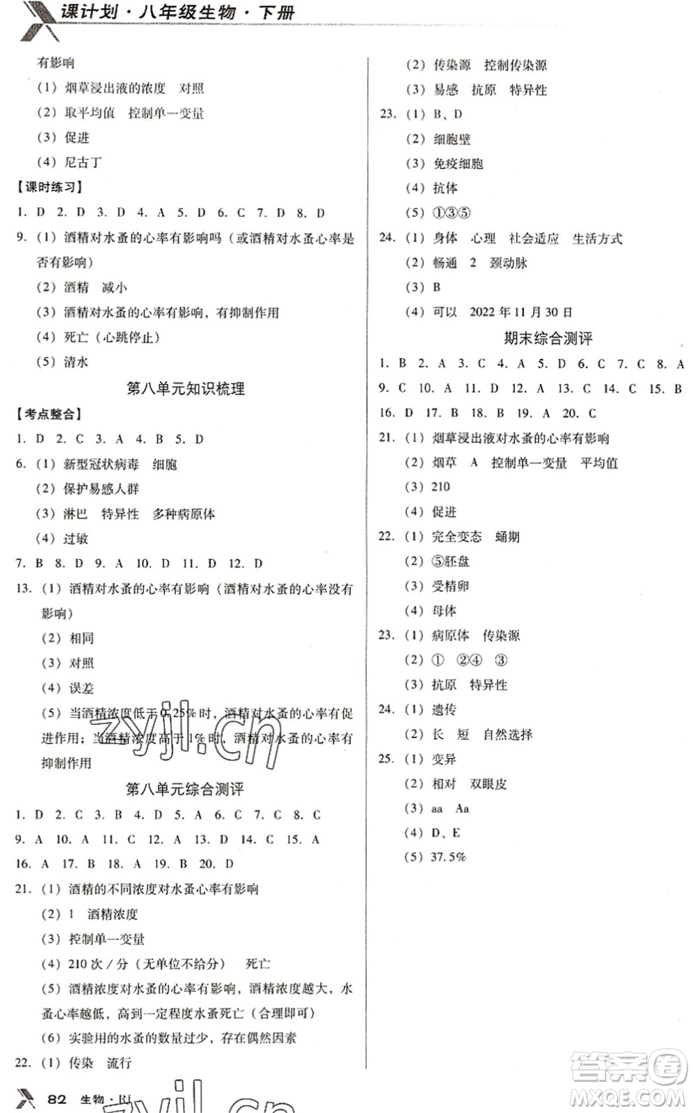 遼海出版社2022全優(yōu)點練課計劃八年級生物下冊RJ人教版答案