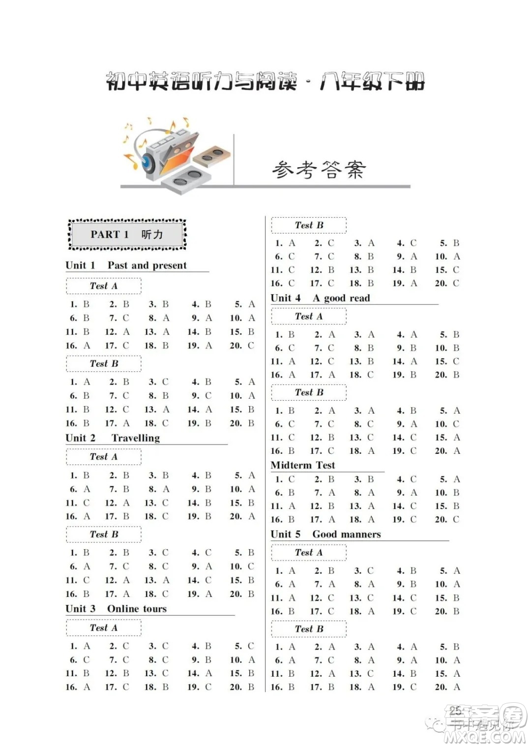 江蘇鳳凰科學(xué)技術(shù)出版社2022初中英語聽力與閱讀八年級(jí)下冊(cè)通用版參考答案