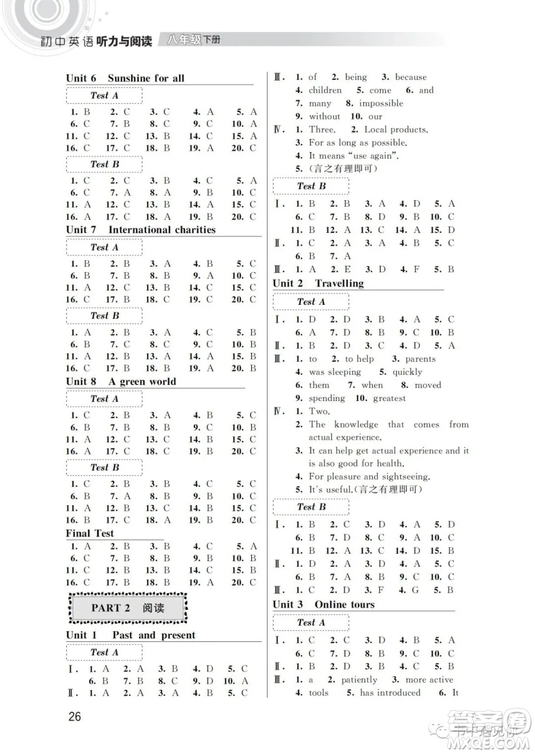 江蘇鳳凰科學(xué)技術(shù)出版社2022初中英語聽力與閱讀八年級(jí)下冊(cè)通用版參考答案