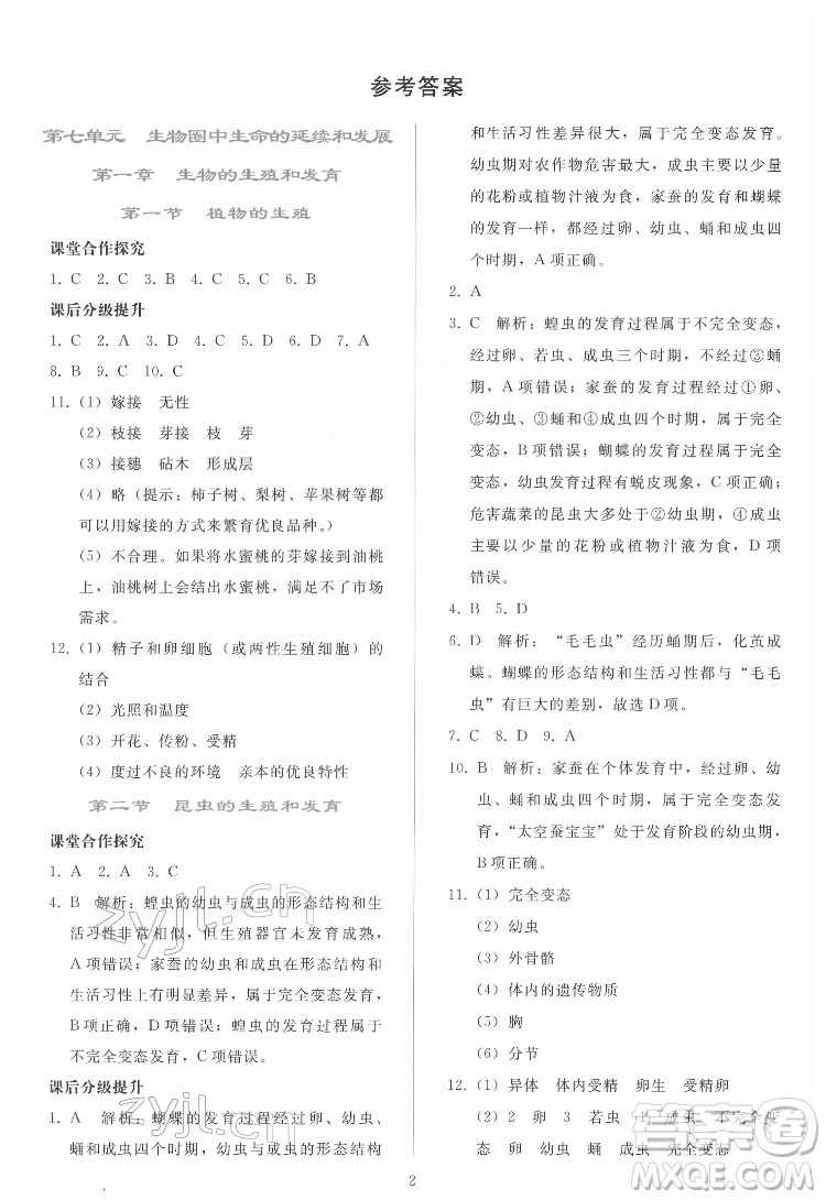 人民教育出版社2022同步輕松練習(xí)生物學(xué)八年級下冊人教版答案