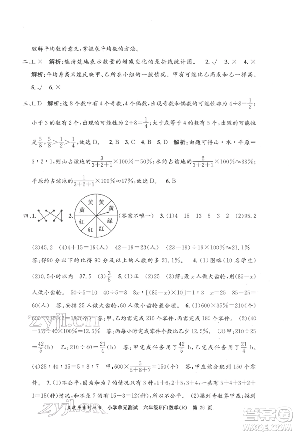 浙江工商大學(xué)出版社2022孟建平系列小學(xué)單元測(cè)試六年級(jí)下冊(cè)數(shù)學(xué)人教版參考答案