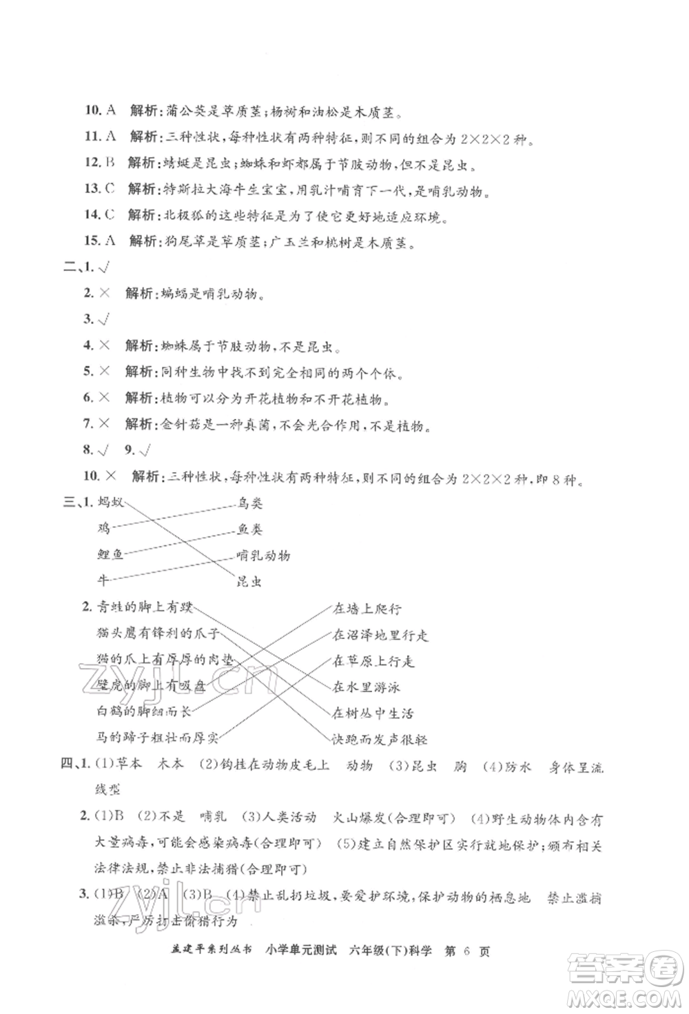 浙江工商大學(xué)出版社2022孟建平系列小學(xué)單元測(cè)試六年級(jí)下冊(cè)科學(xué)教科版參考答案