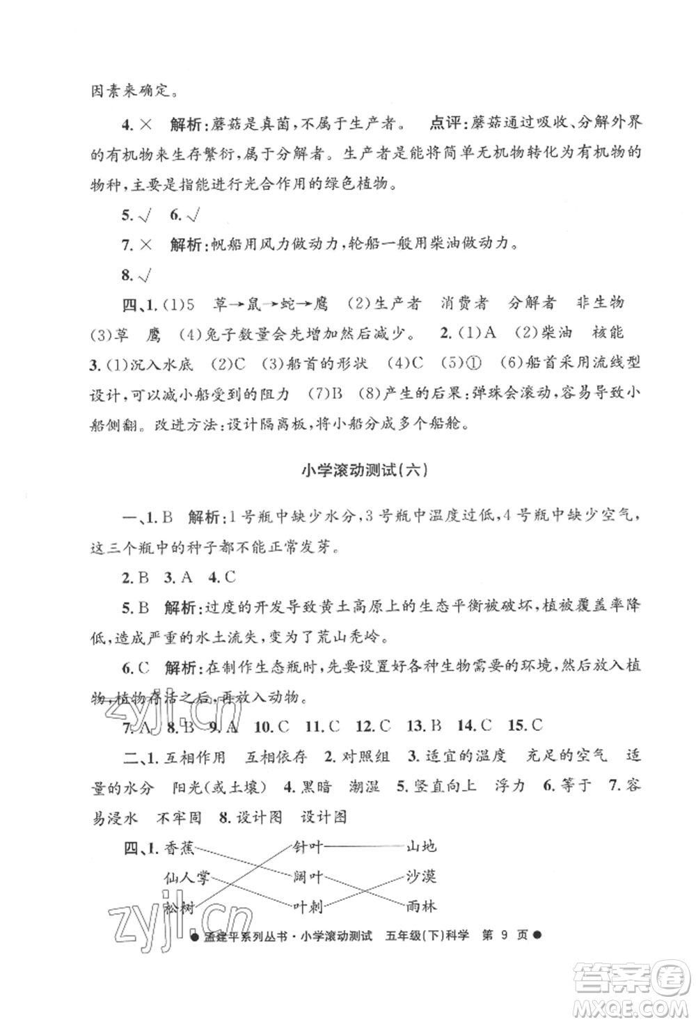 浙江工商大學(xué)出版社2022孟建平系列小學(xué)滾動(dòng)測試五年級(jí)下冊(cè)科學(xué)教科版參考答案