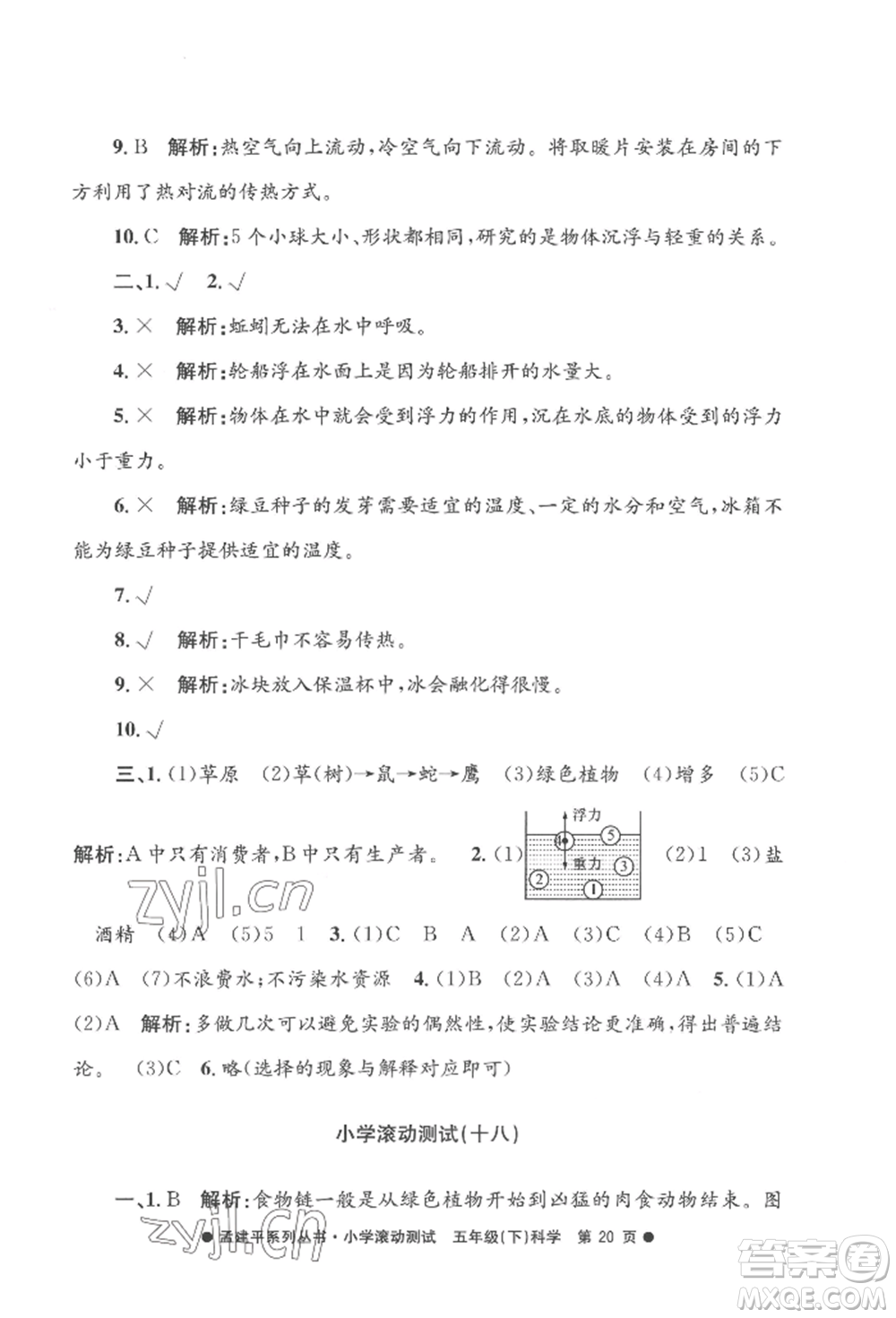 浙江工商大學(xué)出版社2022孟建平系列小學(xué)滾動(dòng)測試五年級(jí)下冊(cè)科學(xué)教科版參考答案