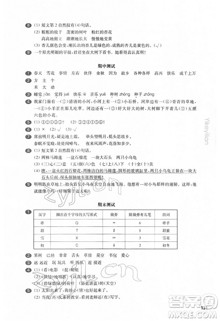 華東師范大學(xué)出版社2022一課一練一年級語文第二學(xué)期華東師大版五四學(xué)制答案