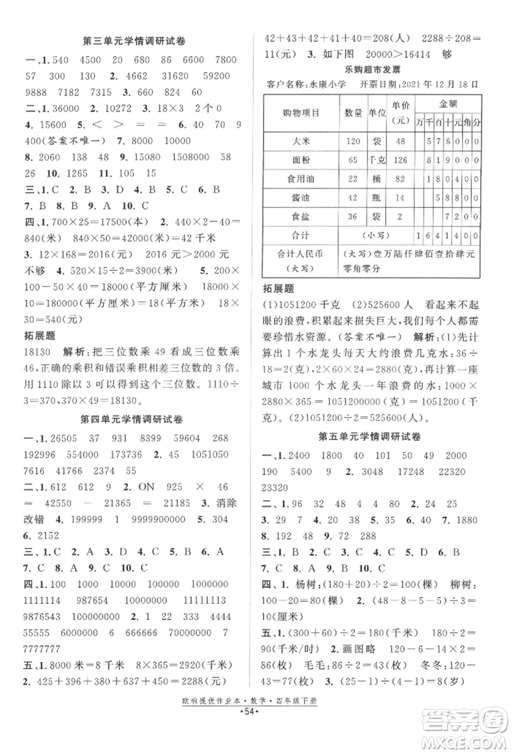 江蘇鳳凰美術(shù)出版社2022歐拉提優(yōu)作業(yè)本四年級(jí)數(shù)學(xué)下冊(cè)蘇教版參考答案