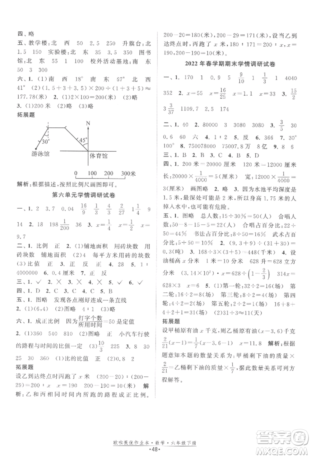 江蘇鳳凰美術(shù)出版社2022歐拉提優(yōu)作業(yè)本六年級數(shù)學(xué)下冊蘇教版參考答案