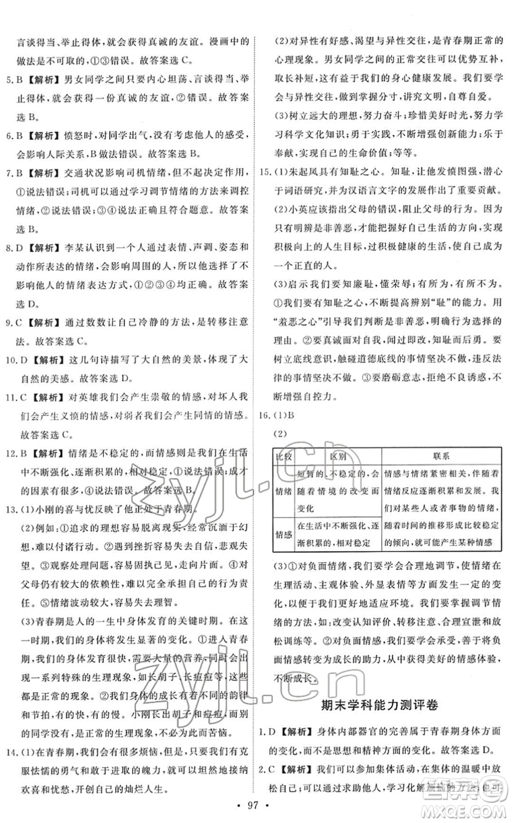 人民教育出版社2022能力培養(yǎng)與測試七年級道德與法治下冊人教版答案