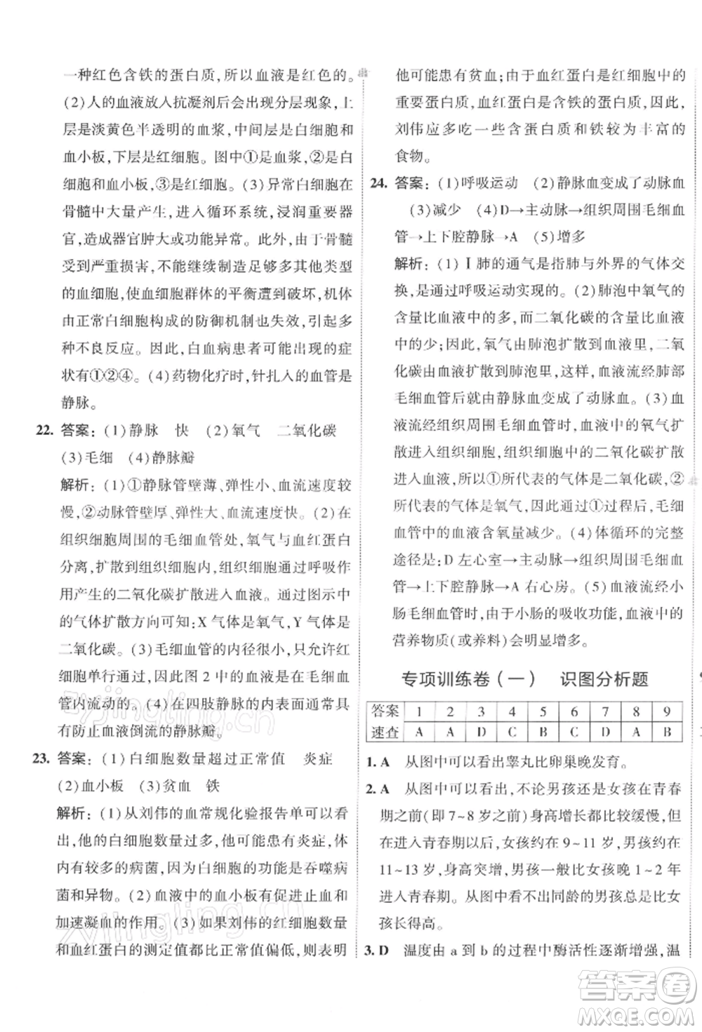 首都師范大學(xué)出版社2022年5年中考3年模擬初中試卷七年級(jí)下冊生物人教版參考答案