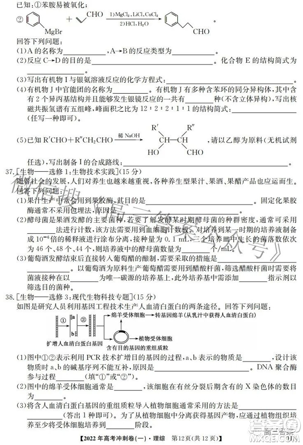 2022年高考沖刺卷一理科綜合試題及答案