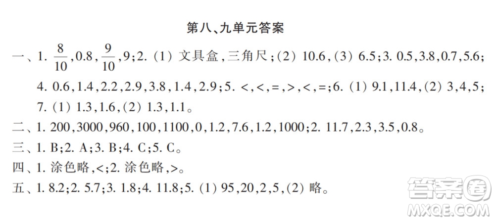 2022春小學(xué)生數(shù)學(xué)報(bào)配套試卷三年級下冊第八九單元測試卷參考答案