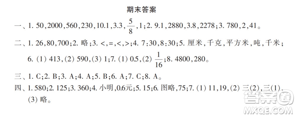 2022春小學生數(shù)學報配套試卷三年級下冊期末測試卷參考答案