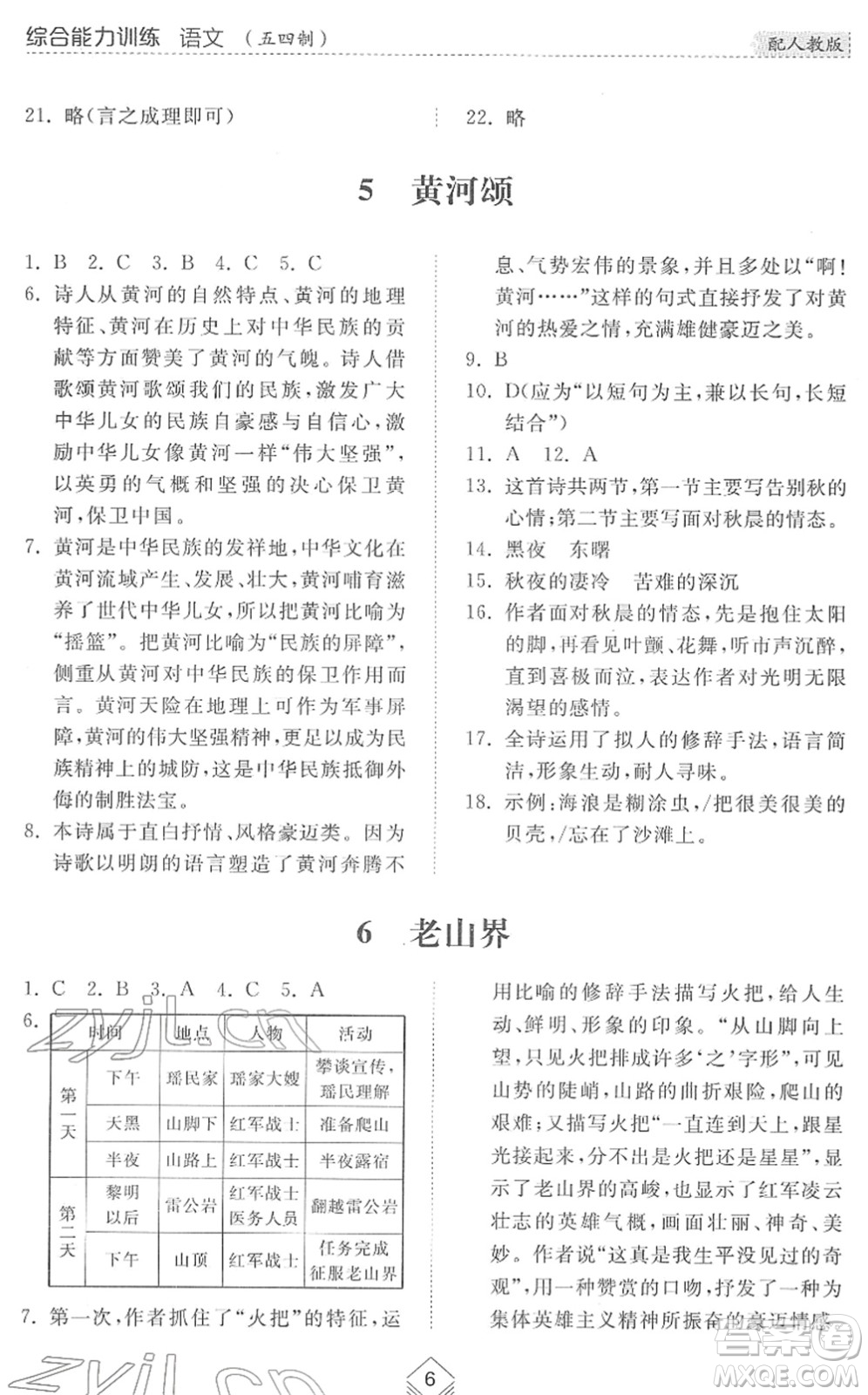 山東人民出版社2022綜合能力訓練七年級語文下冊人教版五四學制答案