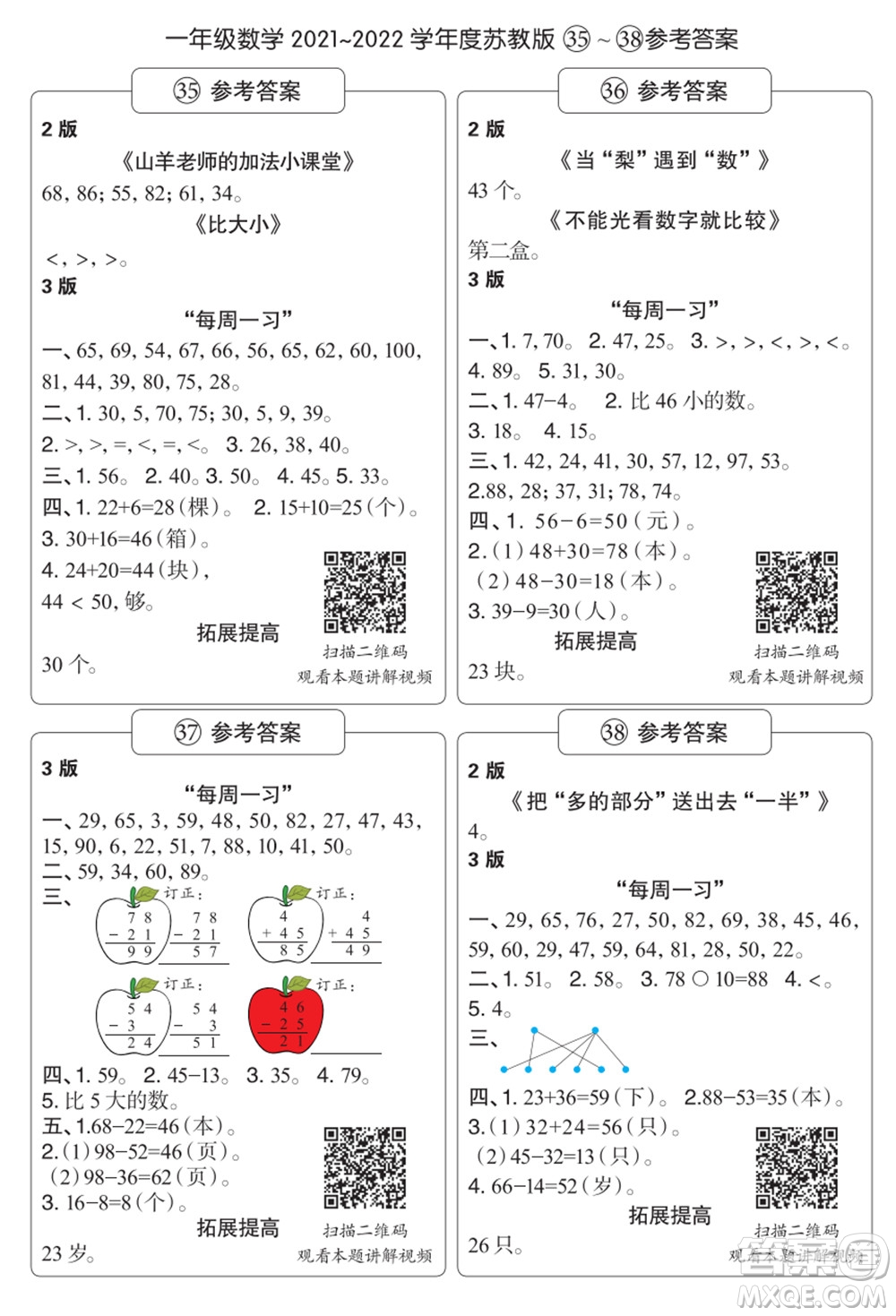 時代學(xué)習(xí)報(bào)數(shù)學(xué)周刊一年級2021-2022學(xué)年度蘇教版第35-38期參考答案