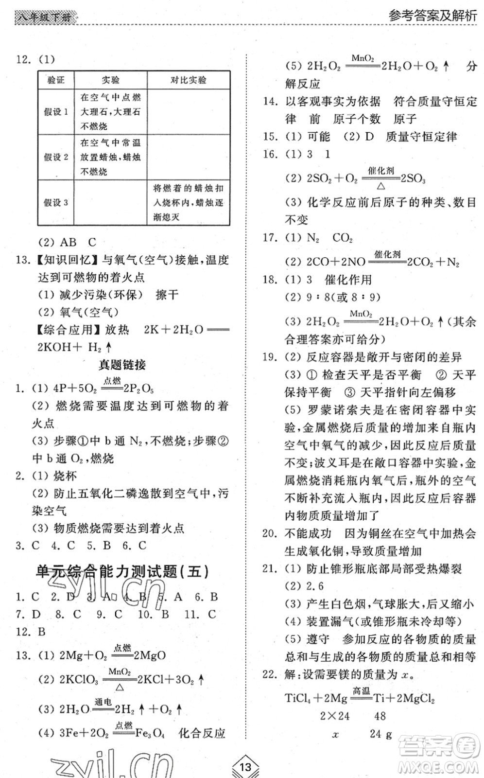 山東人民出版社2022綜合能力訓(xùn)練八年級(jí)化學(xué)下冊(cè)魯教版五四學(xué)制答案