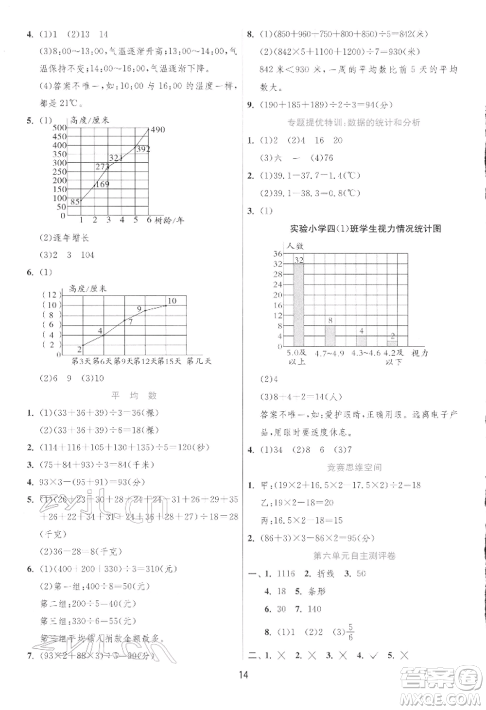 江蘇人民出版社2022實驗班提優(yōu)訓練四年級下冊數(shù)學北師大版參考答案