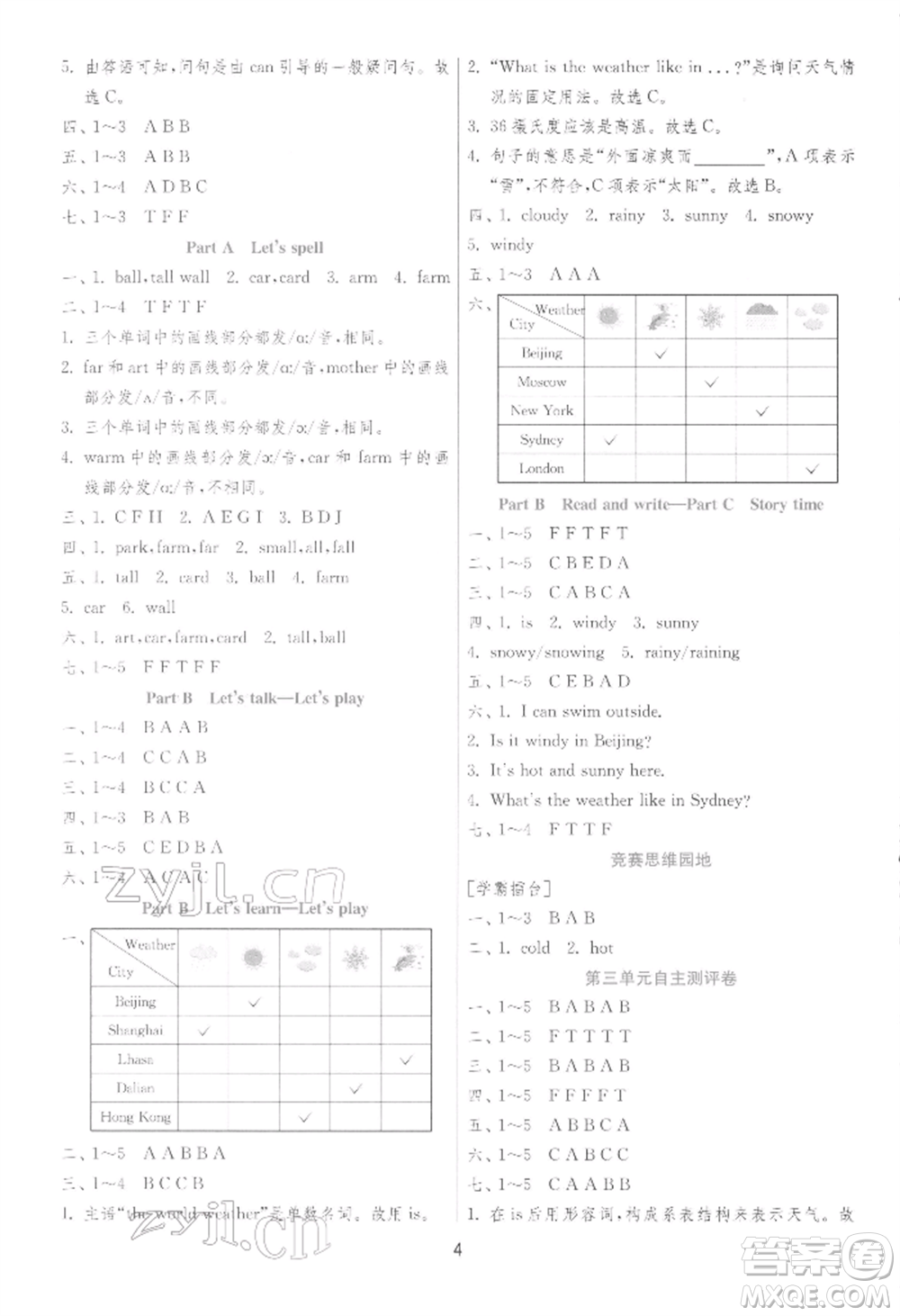 江蘇人民出版社2022實(shí)驗(yàn)班提優(yōu)訓(xùn)練四年級(jí)下冊(cè)英語(yǔ)人教版參考答案