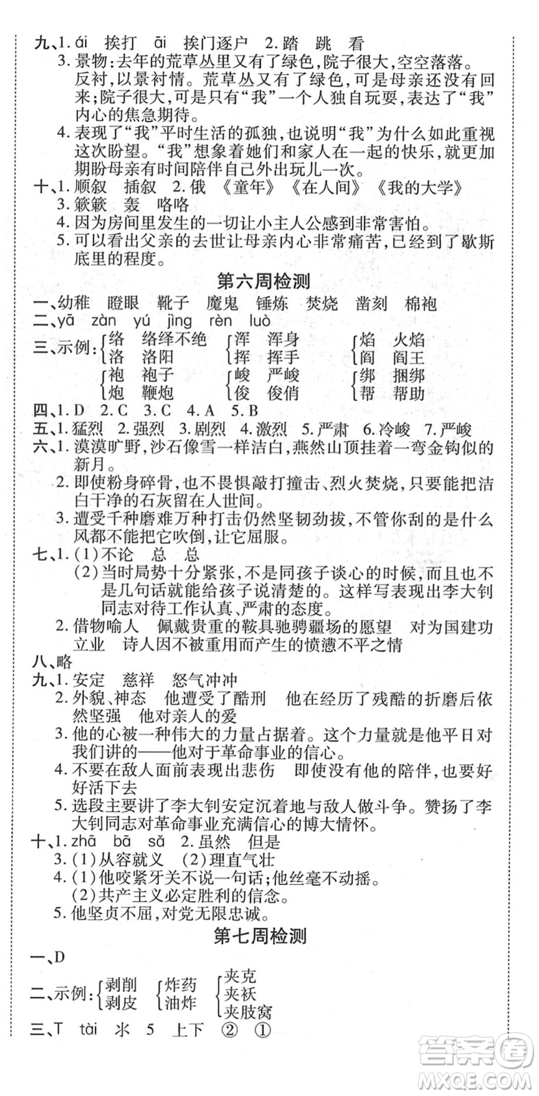 中州古籍出版社2022全能練考卷六年級(jí)語文下冊RJ人教版答案