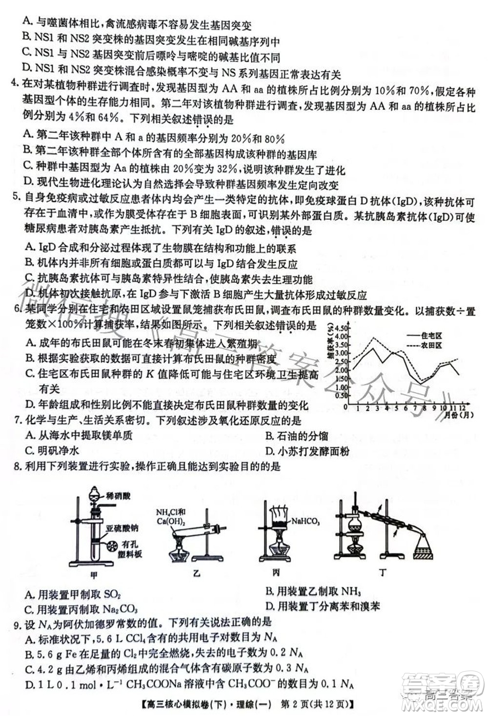 九師聯(lián)盟2021-2022學(xué)年高三核心模擬卷下一理科綜合試題及答案