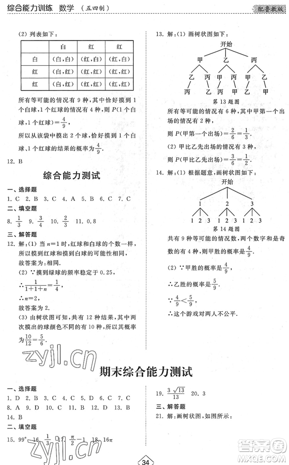 山東人民出版社2022綜合能力訓(xùn)練九年級數(shù)學(xué)全一冊(2)魯教版五四學(xué)制答案