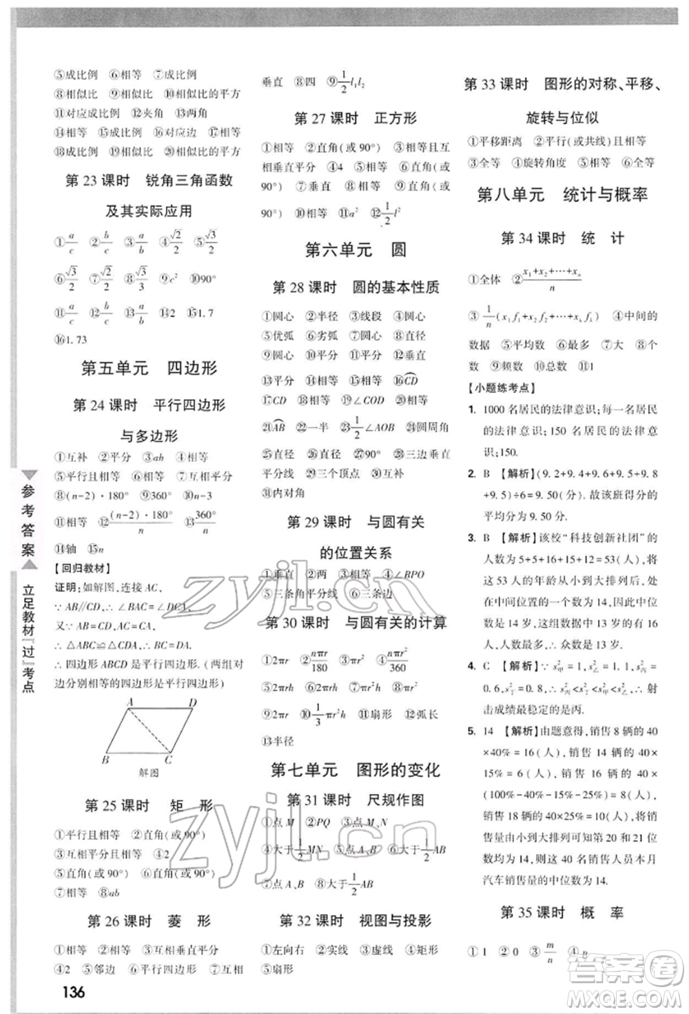 陜西科學(xué)技術(shù)出版社2022中考面對(duì)面九年級(jí)數(shù)學(xué)通用版陜西專版參考答案