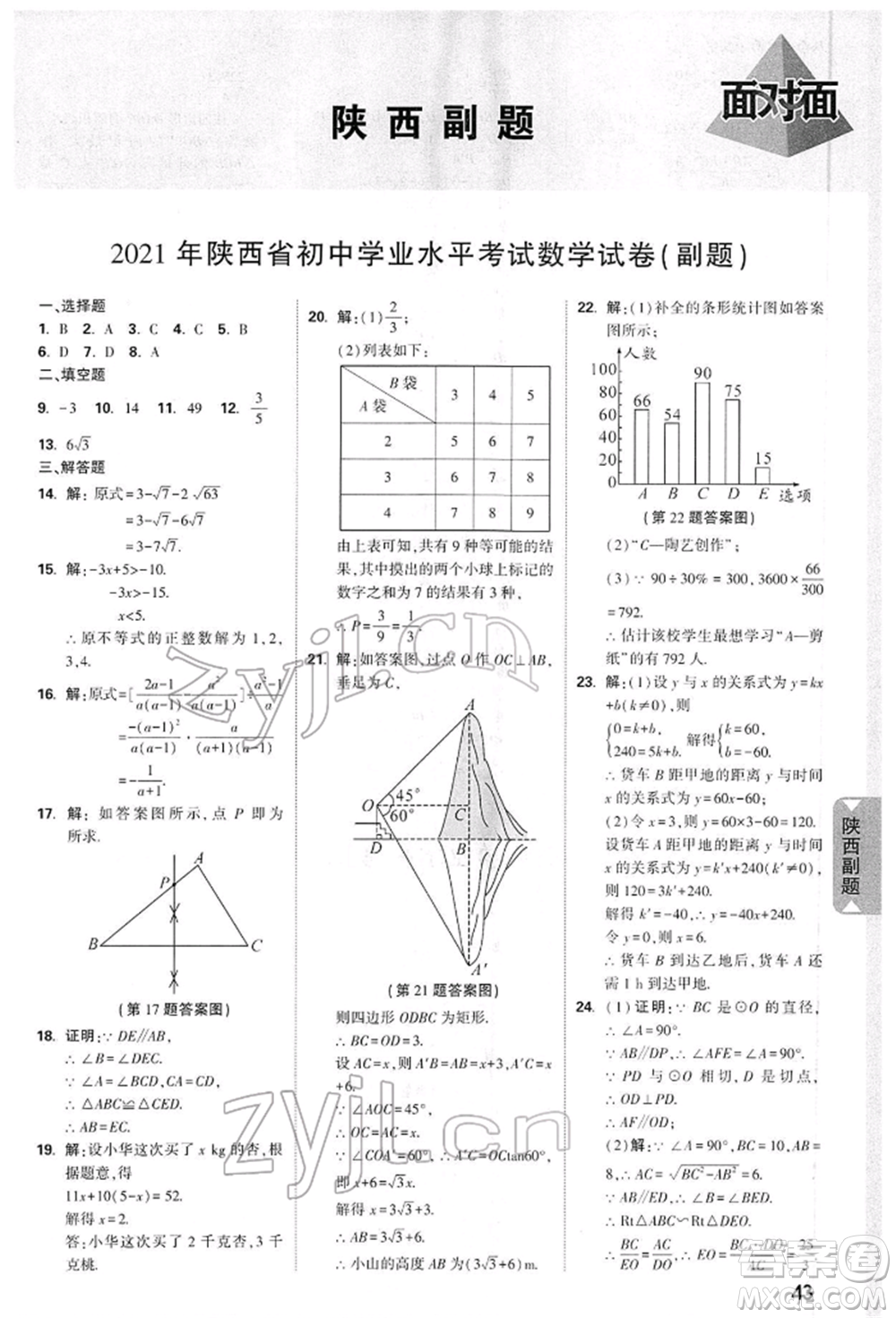 陜西科學(xué)技術(shù)出版社2022中考面對(duì)面九年級(jí)數(shù)學(xué)通用版陜西專版參考答案