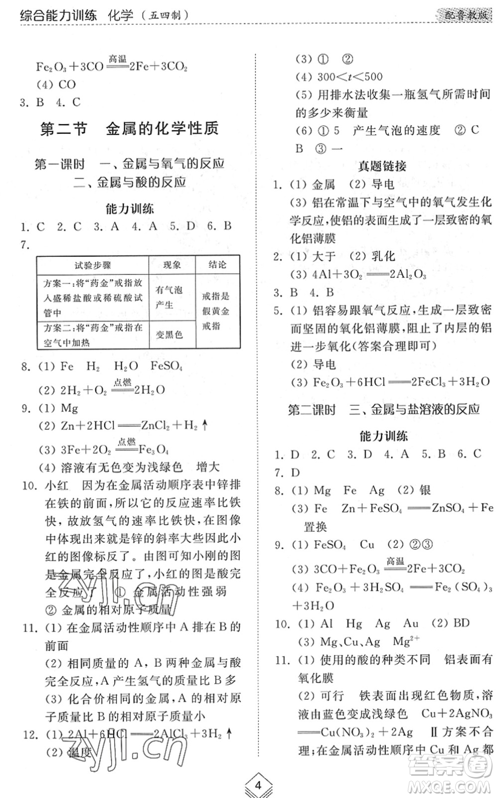 山東人民出版社2022綜合能力訓(xùn)練九年級化學(xué)全一冊(2)魯教版五四學(xué)制答案