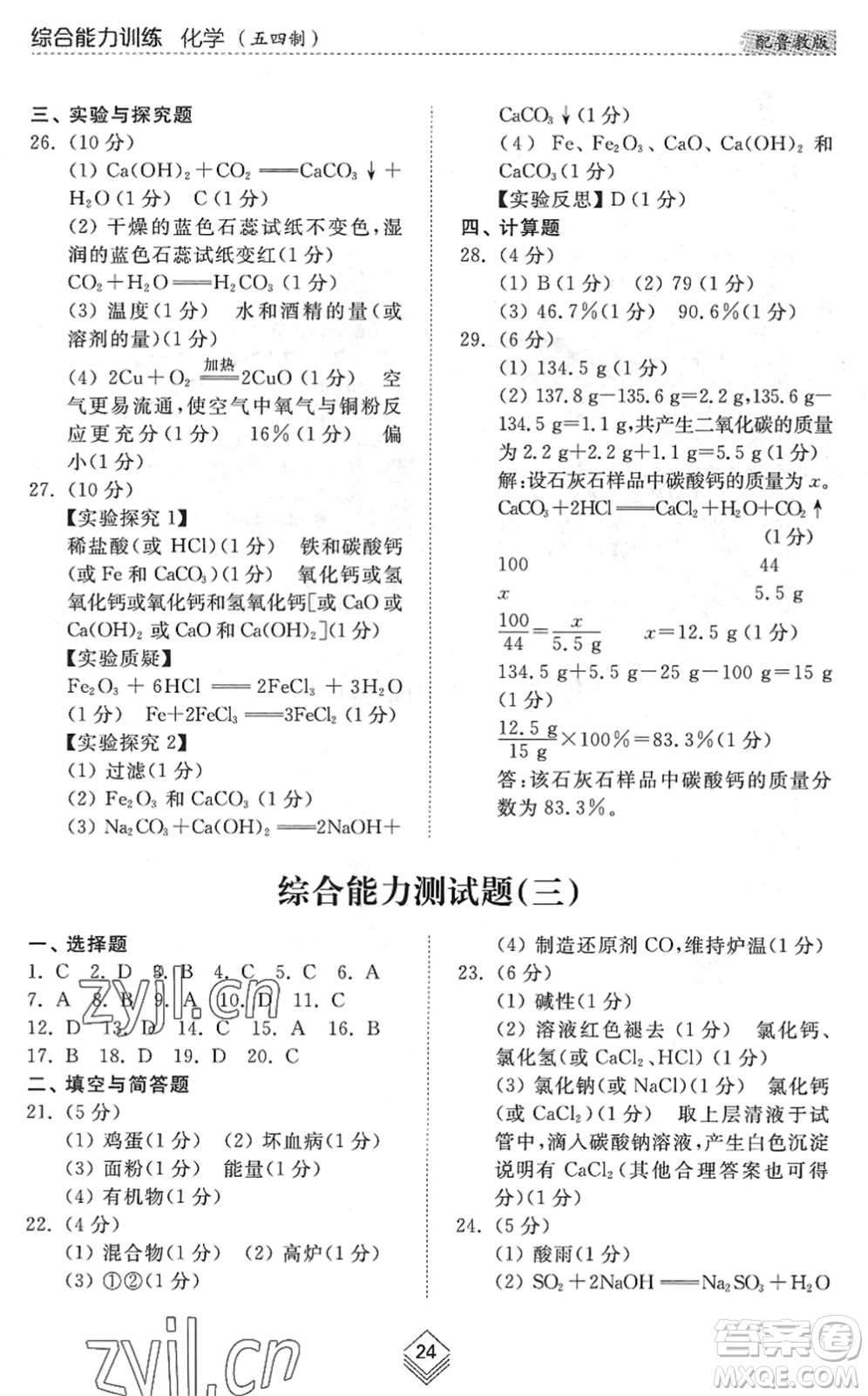 山東人民出版社2022綜合能力訓(xùn)練九年級化學(xué)全一冊(2)魯教版五四學(xué)制答案