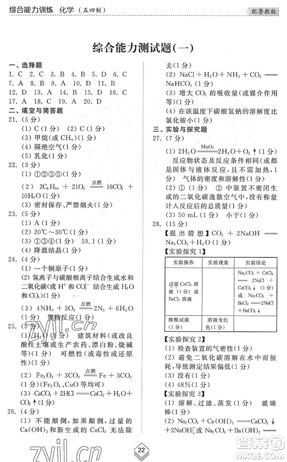 山東人民出版社2022綜合能力訓(xùn)練九年級化學(xué)全一冊(2)魯教版五四學(xué)制答案