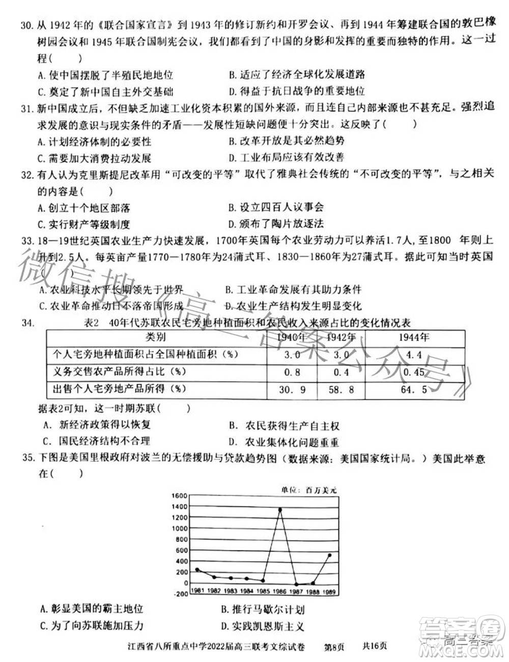 江西省八所重點中學2022屆高三聯(lián)考文科綜合試題及答案