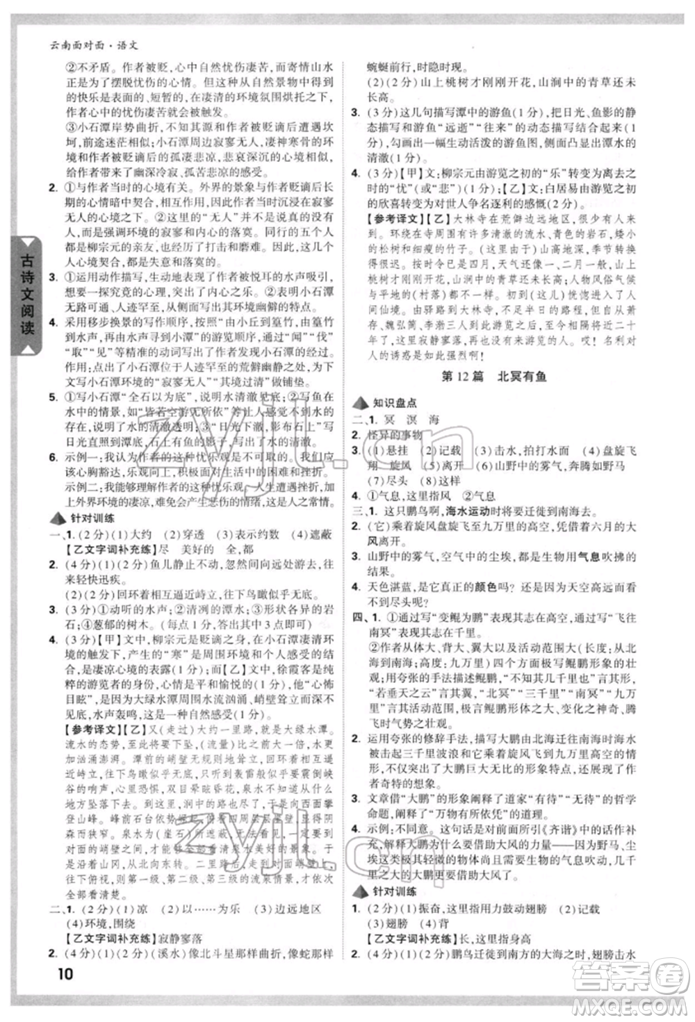 新疆青少年出版社2022中考面對(duì)面九年級(jí)語(yǔ)文通用版云南專版參考答案