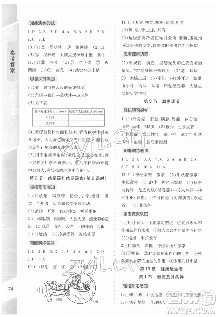 北京師范大學(xué)出版社2022課內(nèi)課外直通車生物七年級(jí)下冊(cè)北師大版福建專版答案