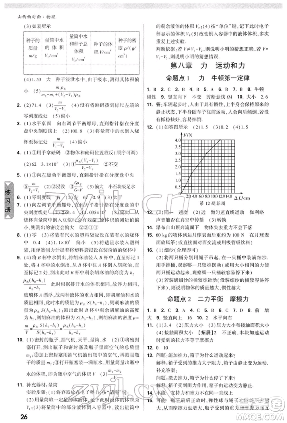 新疆青少年出版社2022中考面對面九年級物理通用版山西專版參考答案