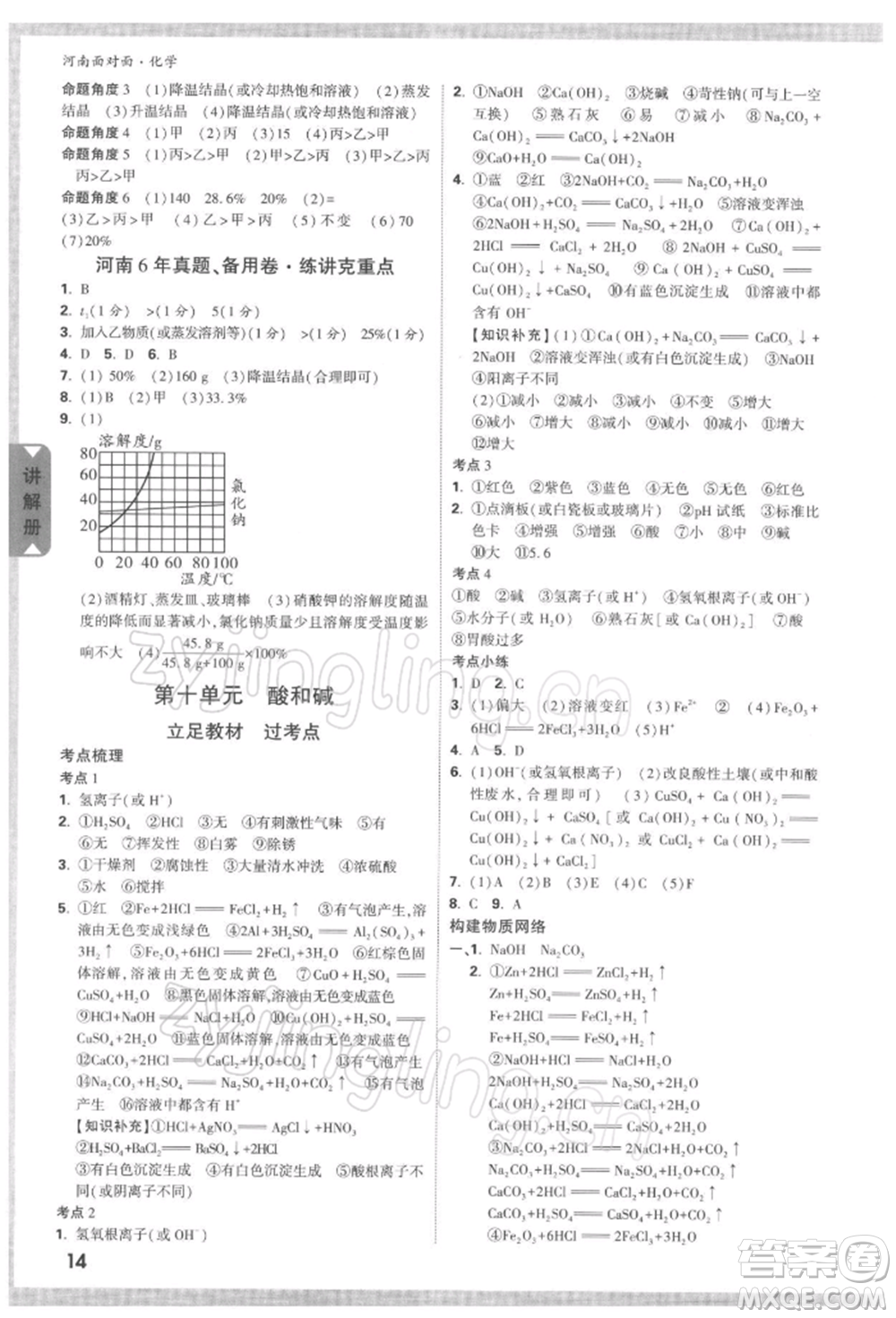 新疆青少年出版社2022中考面對(duì)面九年級(jí)化學(xué)通用版河南專版參考答案