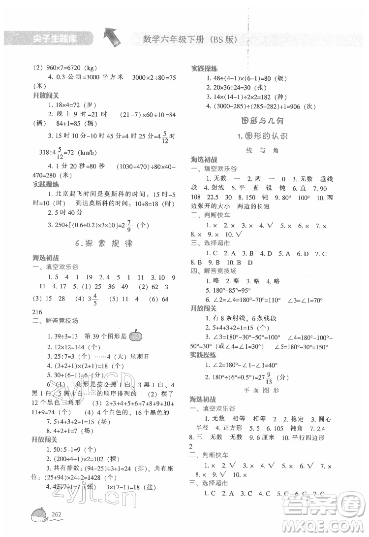 遼寧教育出版社2022尖子生題庫數(shù)學(xué)六年級下冊BS北師版答案